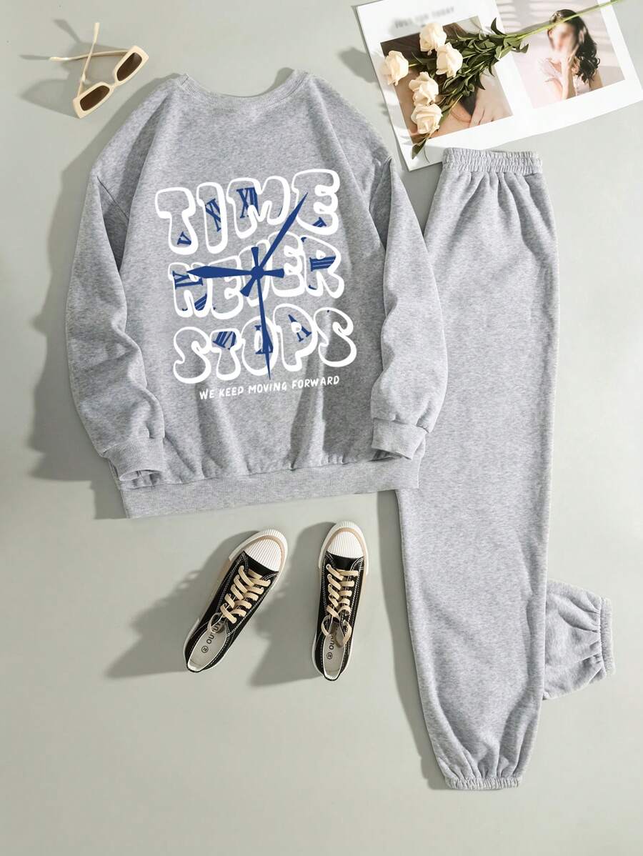 SHEIN EZwear Slogan Graphic Sweatshirt & Sweatpants - Grey - View 1
