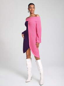 TTADAHH Designer Colorblock Off Shoulder Asymmetrical Hem Elegant Sweater Dress, Fall, For Autumn & Winter, Holiday, Vacation - Multicolor - View 3