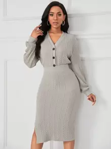 SHEIN Clasi Solid Button Front Top & Split Thigh Skirt - Light Grey - View 3