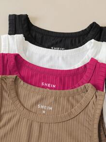 SHEIN EZwear 4入組素色條紋針織背心上衣 - 彩色 - 查看 3