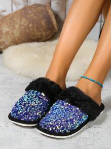 Pantuflas informales con purpurina para mujer, suela plana antideslizante y forro de felpa peluda, para interior y exterior - Negro - Ver 6