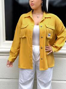 SHEIN EZwear Plus Letter Patched Flap Pocket Drop Shoulder Coat - Yellow - View 5