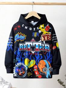 SHEIN Cậu bé Tween Cartoon & Đồ họa chữ cái áo có mũ Áo thun - màu đen - Xem 1