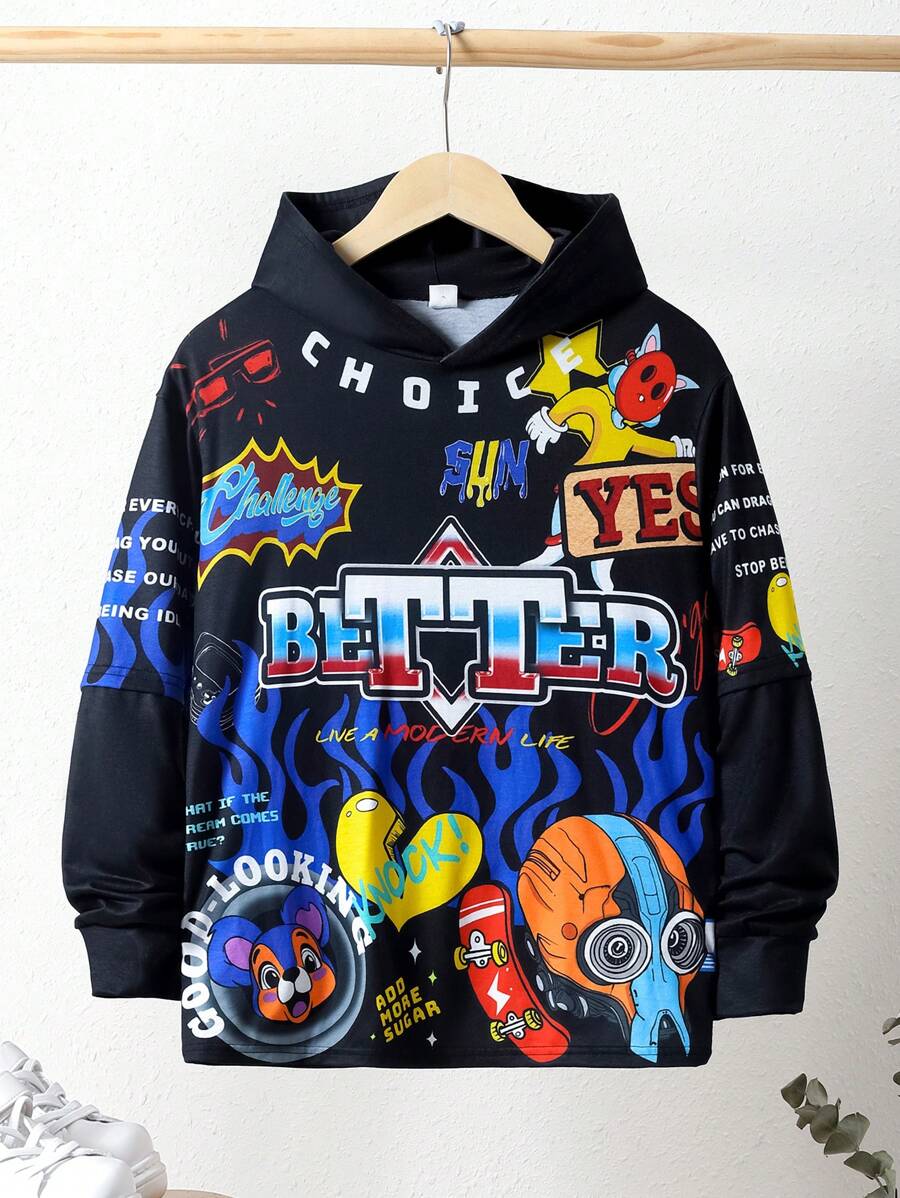 SHEIN Cậu bé Tween Cartoon & Đồ họa chữ cái áo có mũ Áo thun - màu đen - Xem 1