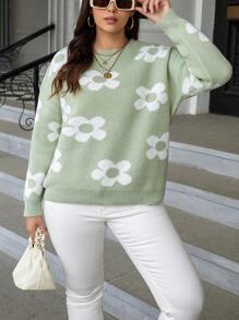 Celure Plus Floral Pattern Drop Shoulder Sweater - Green - View 6