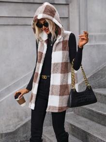 SHEIN LUNE 大方格圖案連帽絨毛外套馬甲 - 棕色 - 查看 3