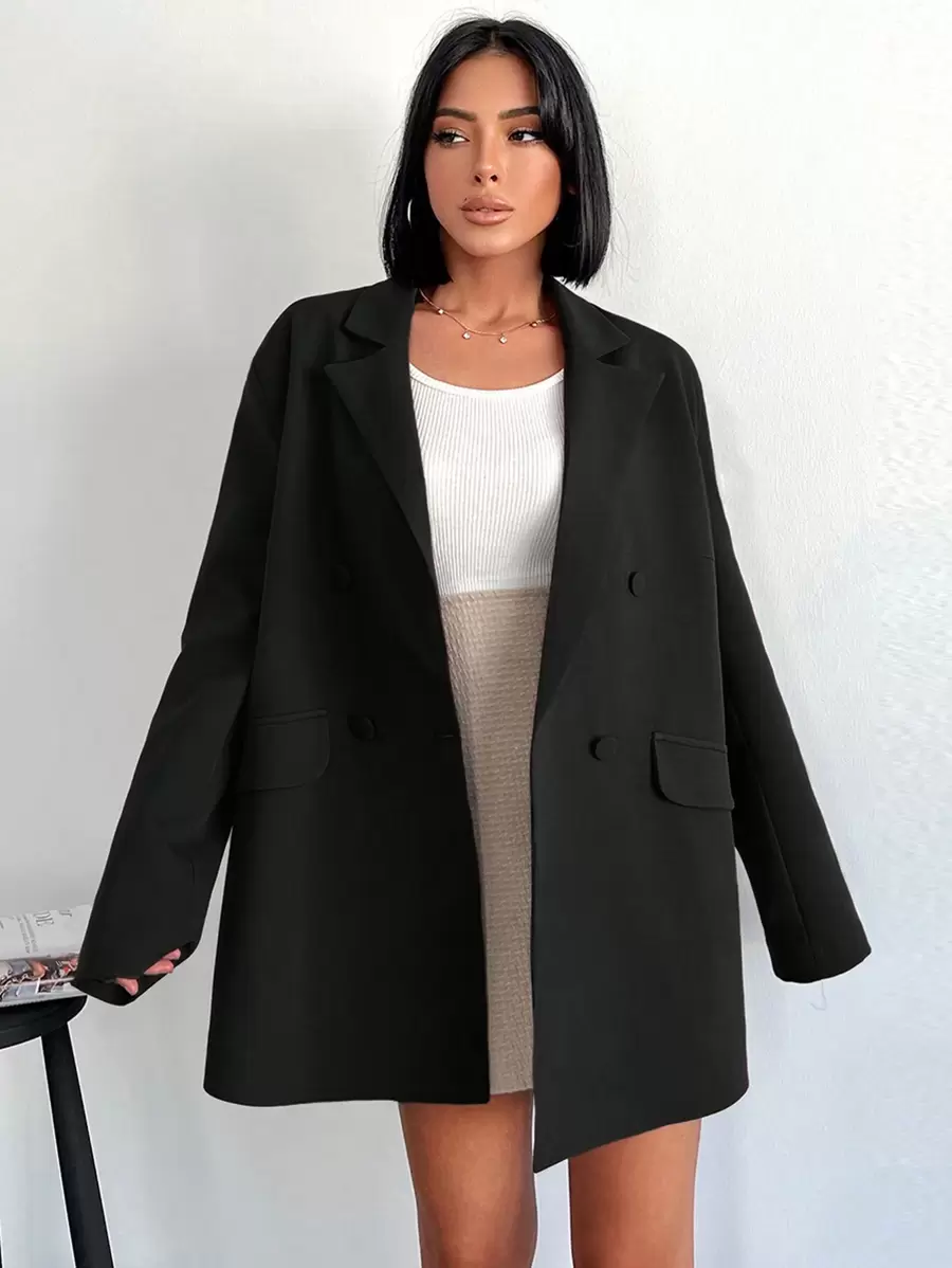 RueChic Lapel Collar Loose Double Breasted Suit Jacket - Black - View 1