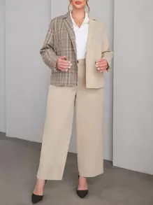 SHEIN Essnce Plus Plaid Double Button Blazer & Suit Pants - Beige - View 5