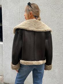 SHEIN Essnce Teddy Lined Zip Up PU Leather Jacket - Brown - View 2