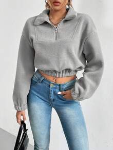 SHEIN Essnce Một nửa khóa kéo Thả vai Mùa vụ Teddy Áo nỉ - Xám - Xem 4