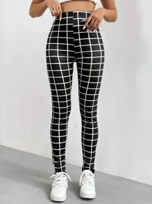 SHEIN Unity Grid Print Elastic Waist Leggings - Black - View 6