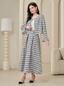 Modelyn 女性格紋印花釦扣襯衫，搭配喇叭袖和裙子的套裝 - 彩色 - 查看 4