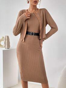 SHEIN Essnce Solid Button Front Jacket & Bodycon Dress - Apricot - View 6