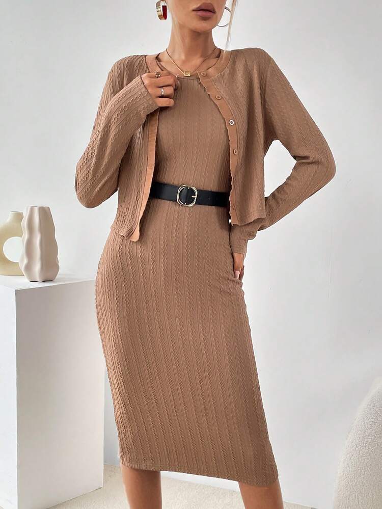 Solid Button Front Jacket & Bodycon Dress