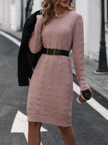 SHEIN Essnce 素色圓領毛衣洋裝不附腰帶 - 藕粉色 - 查看 1