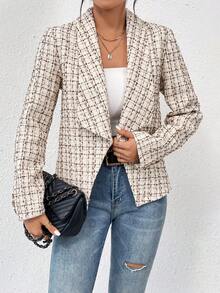 SHEIN Frenchy Hoa văn kẻ sọc Khăn quàng Mở Mặt trước Áo vest - Màu Khaki - Xem 4