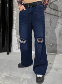 Manfinity Roughcore Loose Fit Men's Distressed Wide Leg Jeans Without Belt - Dark Wash - View 5