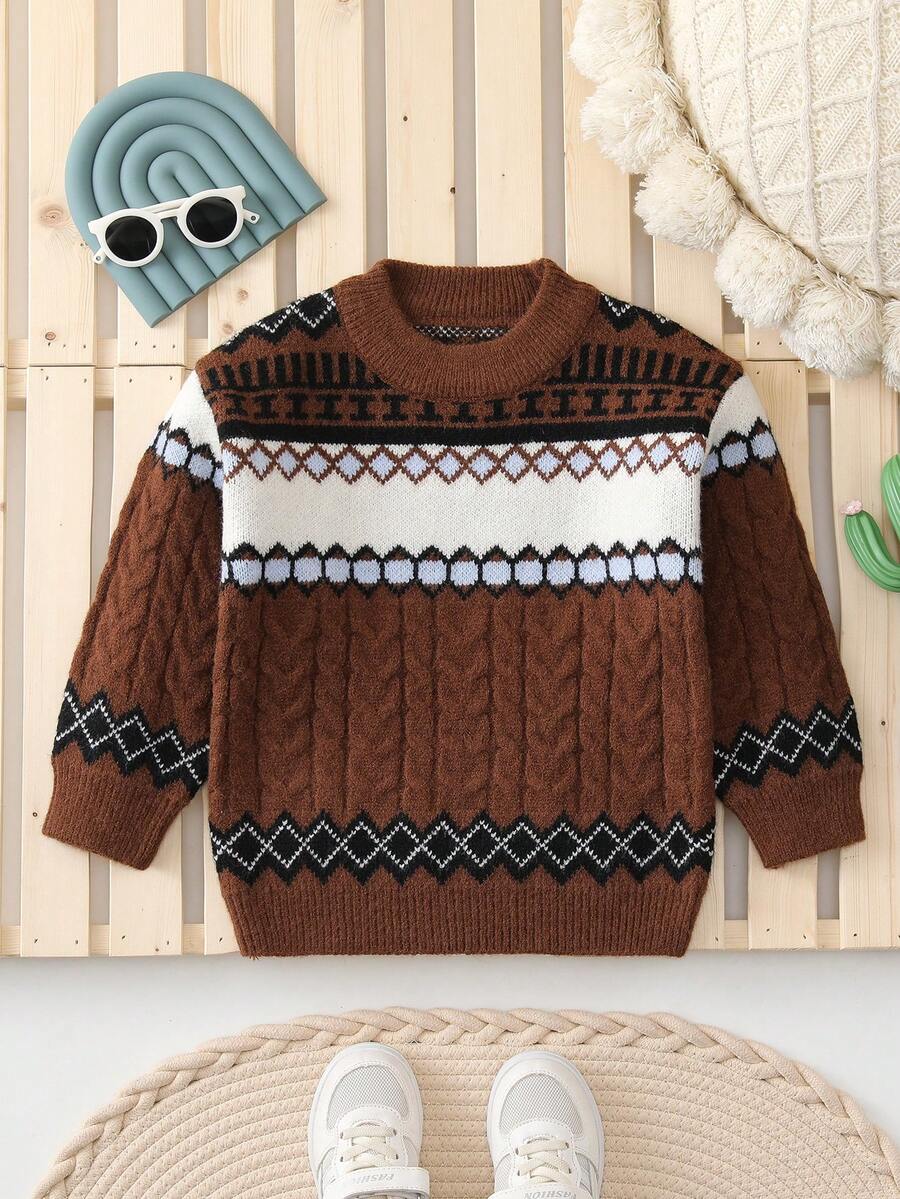 Toddler Boys' Round Neck Sweater - Coffee Brown - View 1