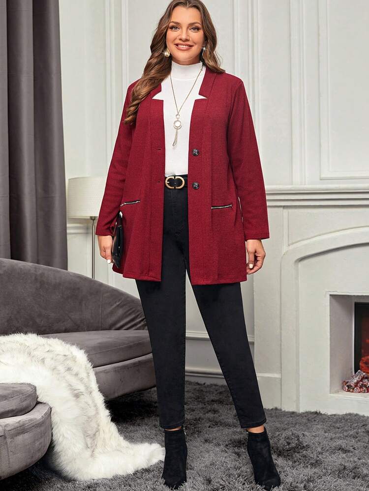 Plus Zip Pocket Button Front Coat Winter Fall Autumn