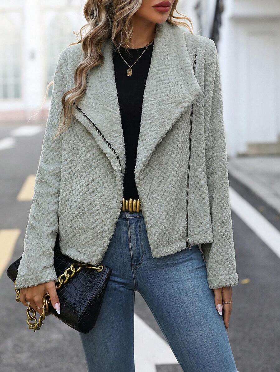 SHEIN Clasi 大翻領拉鏈開襟搖粒絨夾克 - 灰色 - 查看 1