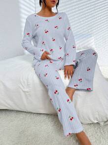 Của phụ nữ Quả cherry In Bộ mặc nhà Có Áo Và Quần - Màu xanh lam - Xem 4