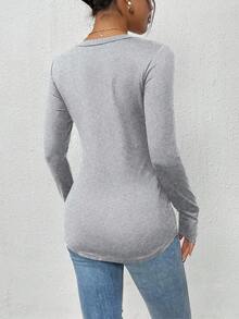 SHEIN Clasi Chất rắn Vá Túi Cổ v Áo thun - Xám - Xem 2