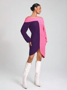 TTADAHH Designer Colorblock Off Shoulder Asymmetrical Hem Elegant Sweater Dress, Fall, For Autumn & Winter, Holiday, Vacation - Multicolor - View 4