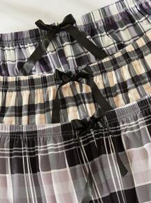 Plus 3pcs Plaid Print Bow Front Pajama Sleep Pants