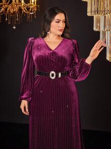 Modelyn Burgundy Red Plus Lantern Sleeve Velvet Dress Without Belt