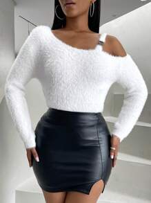 SHEIN Slayr 不對稱領毛茸茸套頭毛衣 - 白色 - 查看 6