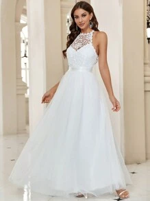 SHEIN Belle 1pc Guipure Lace Insert Mesh Overlay Halter Neck Wedding Dress White Elegant Bridal Dress,Bride - White - View 2