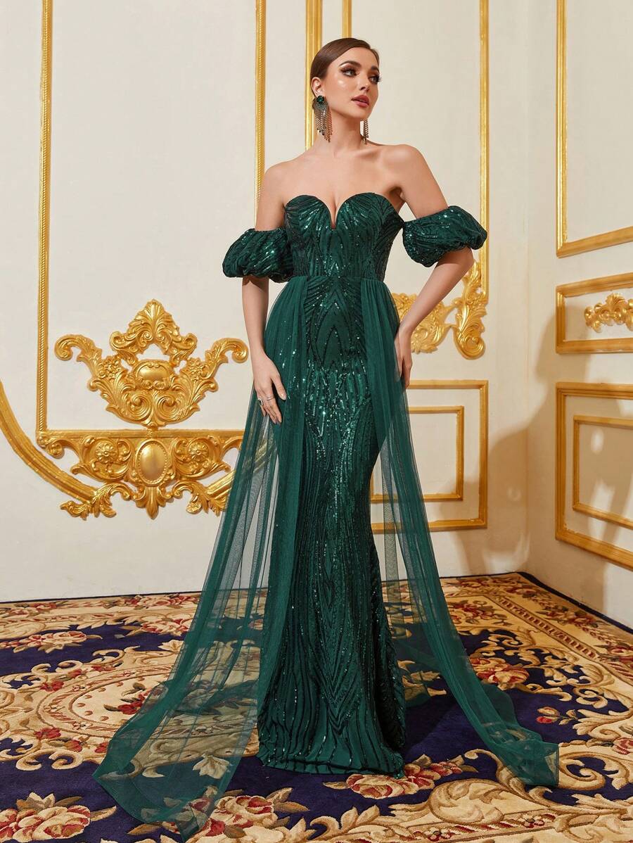 Off Shoulder Puff Sleeve Sequin Mermaid Formal Dress - Dark Green - View 1