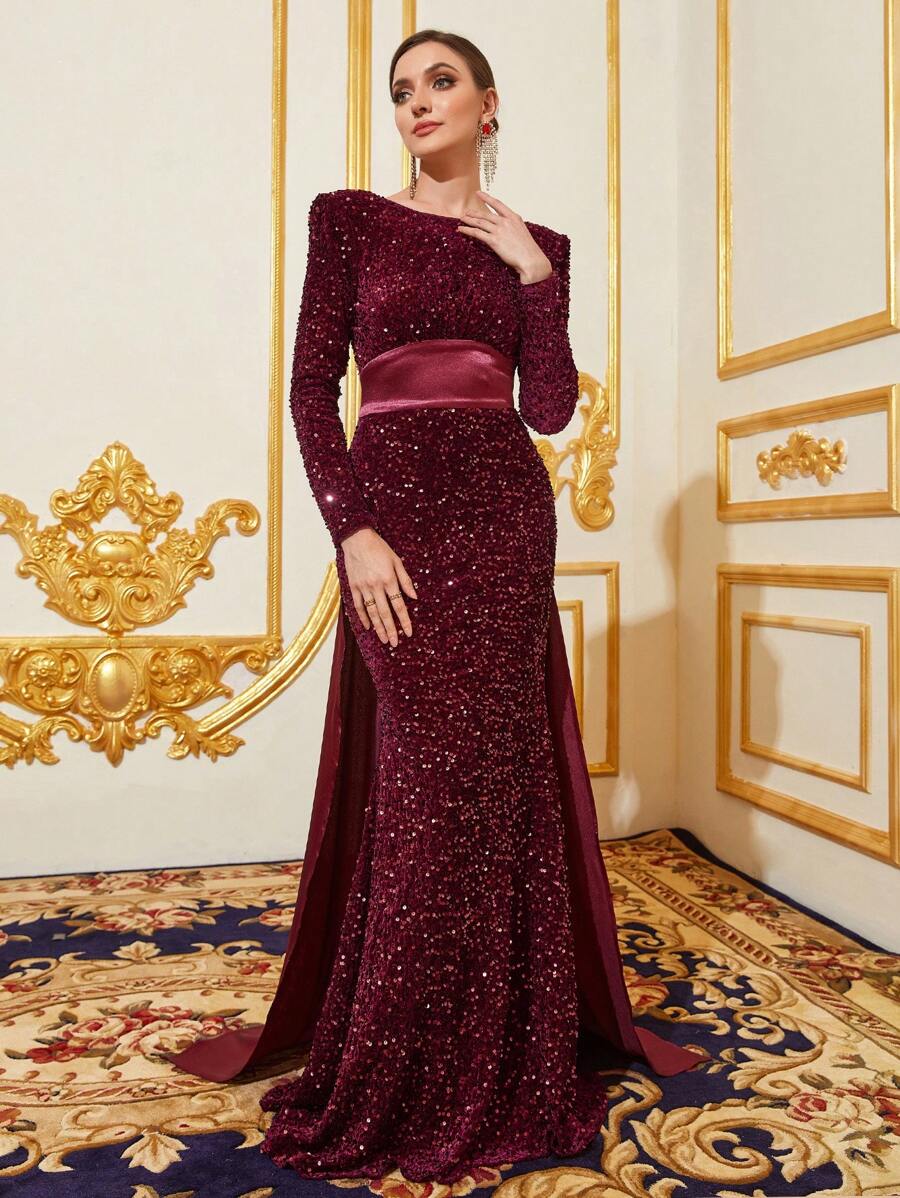 Rückenfreies Abendkleid Mit Pailletten Im Meerjungfrau-saum - Bordeaux - Übersicht 1