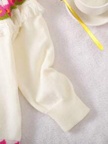 SHEIN Cô Gái Trẻ Mẫu Geo Viền rìa Tay Raglan Đầm Áo len - Màu Hồng baby - Xem 6