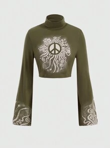 ROMWE Hippie Của phụ nữ Vòng cổ Tay áo loe Áo thun - xanh quân đội - Xem 1