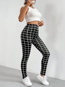 SHEIN Unity Grid Print Elastic Waist Leggings - Black - View 4