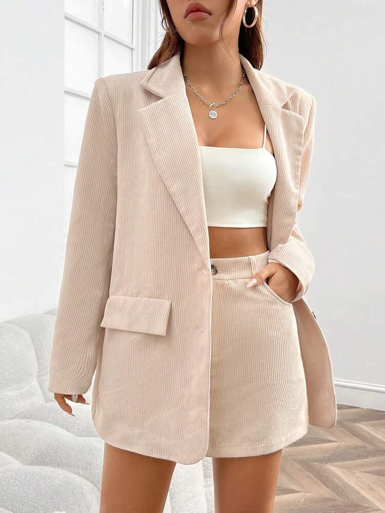 Apricot Woven Women's Blazer And Skirt Set