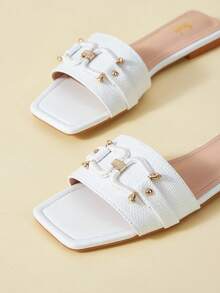 SheIn VCAY Sandalias planas para mujeres - Blanco - Ver 4