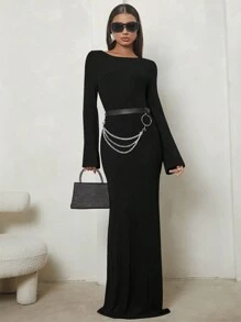 SHEIN Tall Solid Open Back Dress Without Belt - Black - View 6