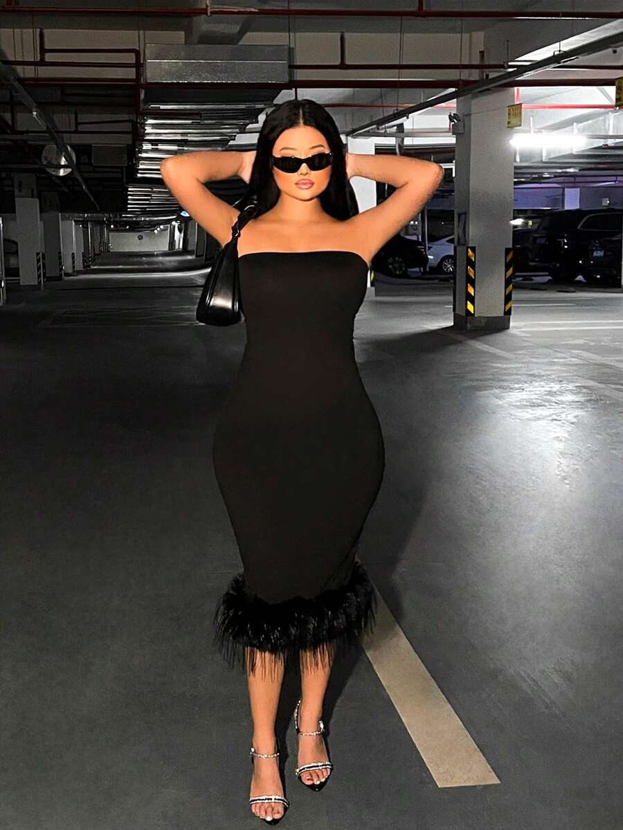 SHEIN SXY 毛邊下擺抹胸緊身連衣裙 - 黑色 - 查看 1