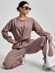 EURMUSE Juego De Dos Piezas De Top Y Pantalones Con Color Sólido Para Mujer - Caqui - Ver 5