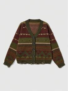 ROMWE Fairycore 幾何和條紋圖案仿舊開襟衫 - 彩色 - 查看 1