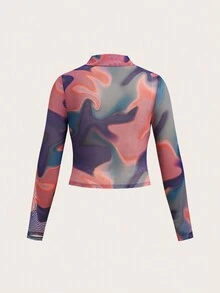 SHEIN ICON Plus Tie Dye Ruched Front Mock Neck Tee - Dusty Pink - View 2