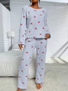 Của phụ nữ Quả cherry In Bộ mặc nhà Có Áo Và Quần - Màu xanh lam - Xem 3