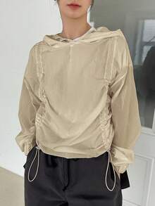 DAZY Women's Solid Color Drawstring Hoodie - Khaki - View 3