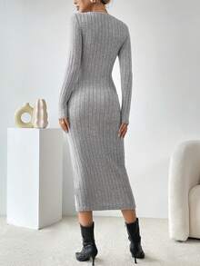 SHEIN Essnce 紐扣細節高衩條紋針織緊身洋裝 - 淺灰色 - 查看 2