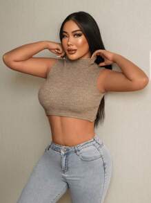 SHEIN SXY 小高領短款條紋針織上衣 - 卡其色 - 查看 5