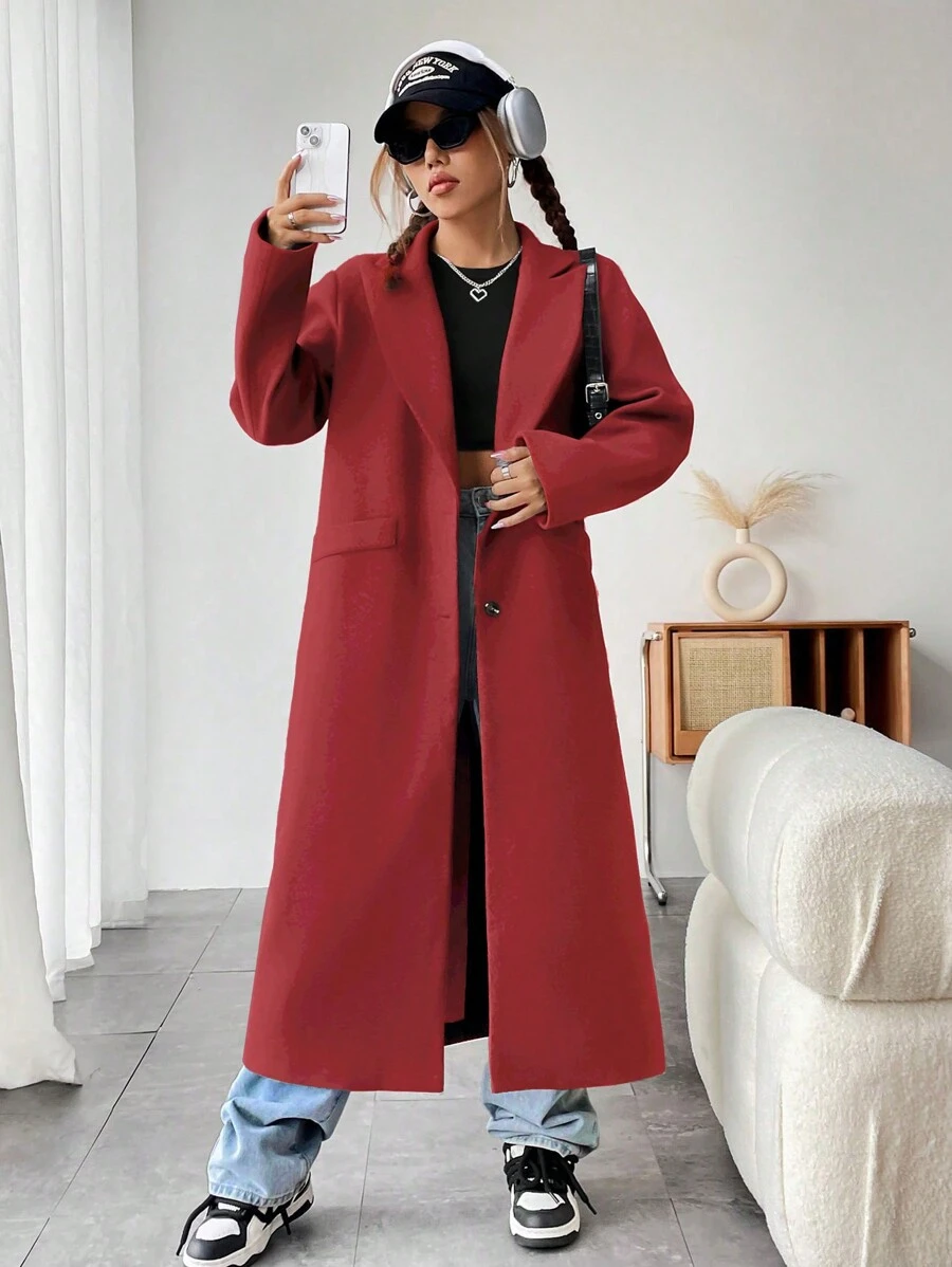 SHEIN Unity Women's Casual Mandarin Collar Single-Breasted Long Sleeve Overcoat, Autumn - Red - View 1