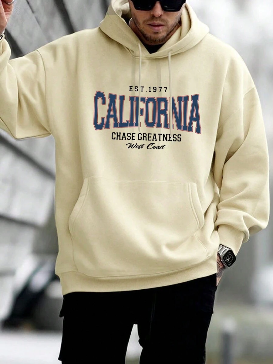 Men Letter Graphic Kangaroo Pocket Drawstring Hoodie - Khaki - View 1