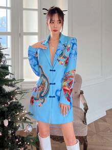 EastFlair Chinese Dragon Print Lapel Neck Frog Button Front Blazer Dress - Blue - View 3